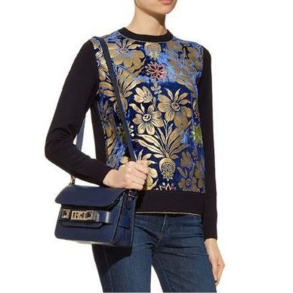 Tory Burch Hollis Mixed Media Pullover Swearer Floral Velvet